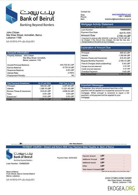 Modèle Word et PDF de relevé hypothécaire de la Banque Libanaise de Beyrouth template